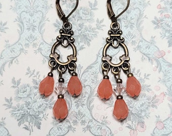 Coral Color Chandelier Earrings, Vintage Glass Beads, Dangle Earrings, Vintage Style Earrings, Gypsy Style Earrings, Boho Earrings