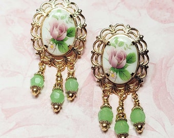 Pink Rose Cameo Earrings, Victorian Earrings, Vintage Style Earrings, Antique Style, Statement Earrings, Costume Jewelry, Post Earrings