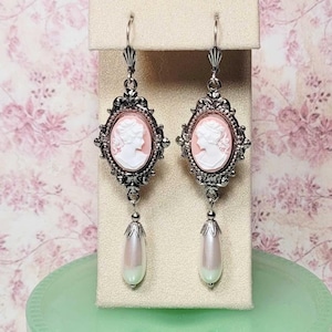 Victorian Cameo Earrings, Silver Tone Pink Cameo Earrings, Long Dangle Earrings, Vintage Style Earrings, Costume Jewelry, Statement Earrings