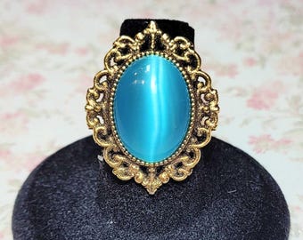 Blue Cat's Eye Ring, Turquoise Blue Glass Cabochon Ring, Vintage Style Ring, Antique Style Ring, Adjustable Ring Size 6-7