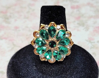 Green Rhinestone Ring, Emerald Green Cocktail Ring, Costume Jewelry Ring, Big Statement Ring, Adjustable Ring Size 7+