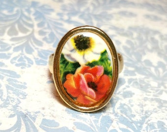 Red Flower Ring, Floral Cameo Ring, Vintage Ring, Vintage Style Ring, Antique Style Ring