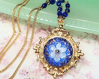 Sapphire Blue Czech Glass Button Necklace, Blue Necklace, Blue Pendant, Layering Necklace, Victorian Style Costume Jewelry