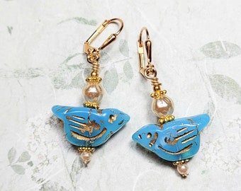 Blue Bird Earrings, Czech Glass Bird Earrings, Dangle Earrings, Blue Earrings, Bird Jewelry, Bird Lover Gift