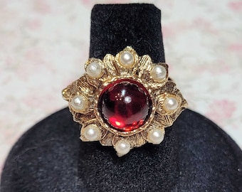 Upcycled Vintage Ring, Red Victorian Ring, Vintage Costume Jewelry Ring, Antique Style Ring, Adjustable Ring Size 6+