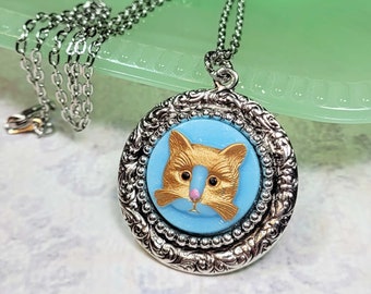 Blue Czech Glass Cat Necklace, Blue Cat Pendant, Antiqued Silver Tone Necklace, Pet Jewelry, Gift for Cat Lover, Cat Jewelry