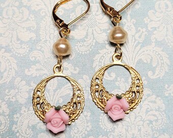Filigree Dangle Earrings, Pink Rose Earrings, Vintage Brass Filigree Earrings, Costume Jewelry, Vintage Style Earrings