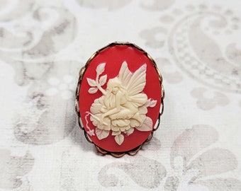 Red Fairy Ring, Fairy Cameo Ring, Big Statement Ring, Fairy Jewelry, Vintage Style Ring, Red Ring, Adjustable Size 7-9