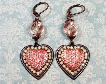 Pink Heart Dangle Earrings, Heart Earrings, Pink Earrings, Vintage Style Earrings, Unique Jewelry For Women