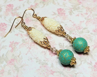 Antique Style Dangle Earrings, Green Earrings, Simulated Carved Earrings, Vintage Style Earrings, Statement Earrings, Costume Jewelry