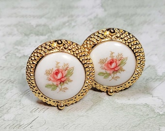 Pink Rose Clip On Earrings, Rose Cameo Earrings, Non Pierced Earrings, Vintage Style Costume Jewelry, Clip Earrings
