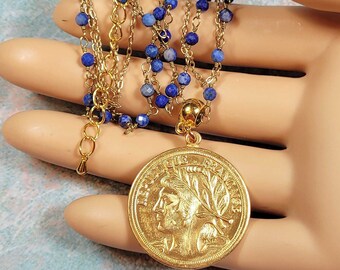 Goldtone French Medal Pendant, Lapis Gemstone Chain, Multi Chain Necklace, French Coin Pendant, Gift for Paris Lover