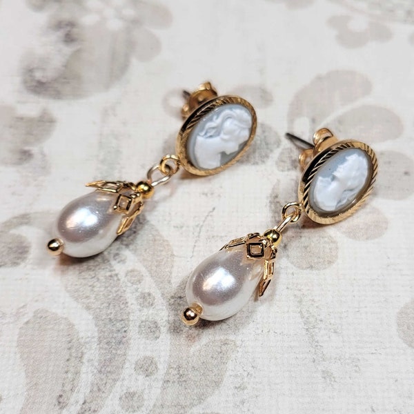 Blue Cameo Earrings, Simulated Pearl Dangle Earrings, Vintage Style, Bridal Earrings, Victorian Earrings, Antique Style Earrings