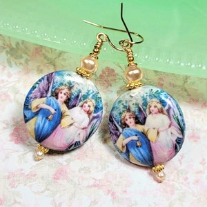 Angel Earrings, Guardian Angel Earrings, Decoupage Wood Earrings, Vintage Style, Angel Jewelry, Gift for Her, Inspirational Jewelry