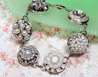 Rhinestone Button Bracelet, Silver & White Bracelet, Wedding Jewelry, Glamorous Statement Bracelet, Button Jewelry