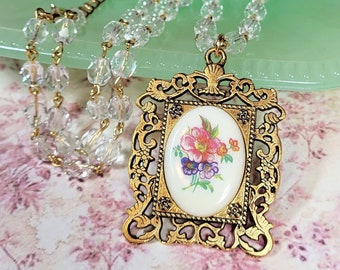 Antique Style Floral Cameo Necklace, Clear Glass Bead Chain, Vintage Style Picture Frame Necklace, Antiqued Gold Tone Pendant