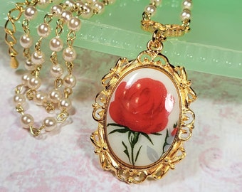 Red Rose Necklace, Glass Pearl Chain, Rose Cameo Necklace, Vintage Style Rose Necklace, Rose Pendant