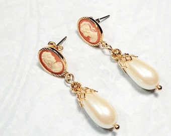 Victorian Style Cameo Earrings, Glass Pearl Dangle Earrings, Antique Style Earrings, Vintage Style Bridal Earrings
