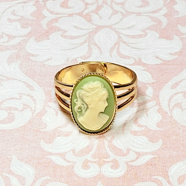 Victorian Cameo Ring, Green Cameo Ring, Green Ring, Antique Style Ring, Gold Plated Adjustable Ring