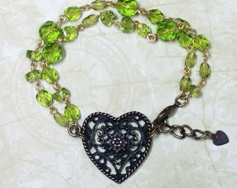 Heart Bracelet, Multi Chain Bracelet, Green Rosary Chain Bracelet, Filigree Heart Vintage Style Bracelet