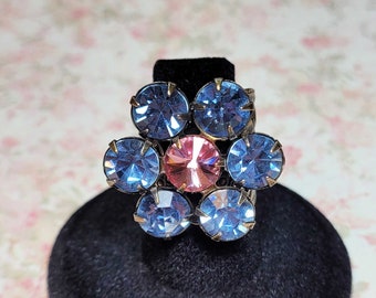 Rhinestone Cocktail Ring, Blue & Pink Rhinestone Ring, Vintage Glass Rhinestone Ring, Big Statement Ring, Adjustable Ring Size 7+