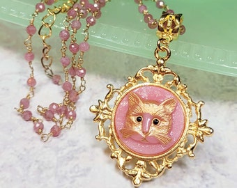 Pink Czech Glass Cat Necklace, Pink Cat Pendant, Tourmaline Gemstone Chain, Pet Jewelry, Gift for Cat Lover, Cat Jewelry