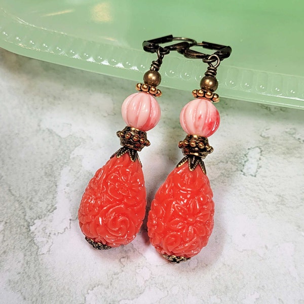 Carved Coral Orange Dangle Earrings, Orange Earrings, Simulated Coral Earrings, Vintage Style Earrings, Statement Earrings, Costume Jewelry
