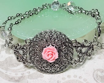 Pink Rose Filigree Bracelet, Silver Tone Bracelet, Multi Chain Bracelet, Silver Filigree Costume Jewelry, Bracelets For Women