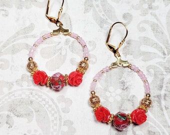 Red Rose Hoop Earrings, Beaded Hoop Earrings, Rose Earrings, Hoop Dangle Earrings, Gypsy Style Earrings, Boho Style Earrings