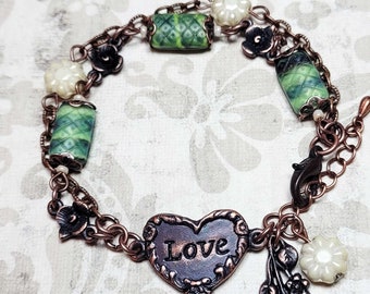 Love Heart Bracelet, Multi Chain Beaded Bracelet, Green Bracelet, Czech Glass Bead Bracelet, Vintage Style Costume Jewelry