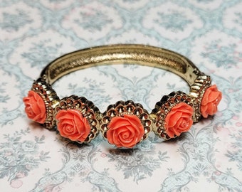 Vintage Style Hinged Cuff, Coral Color Rose Cuff Bracelet, Rose Lover Gift, Gift for Vintage Jewelry Lover, Costume Jewelry Cuff