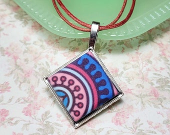 Pink and Blue Ceramic Tile Pendant, Abstract Design Pendant, Boho Necklace, Cord Necklace with Silver Tone Pendant, Gift for Her