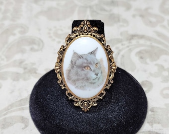 Grey Cat Cameo Ring, Big Cat Ring, Statement Ring, Gift For Cat Lover, Vintage Style Ring, Adjustable Size 6-7+