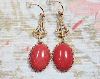 Vintage Style Red Earrings, Red and Gold Dangle Earrings, Red Cabochon Earrings, Antique Style Earrings, Gifts For Her
