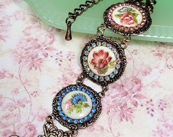 Floral Cameo Bracelet, Vintage Style Bracelet, Victorian Bracelet, Brass Assemblage Cuff, Gift For Her