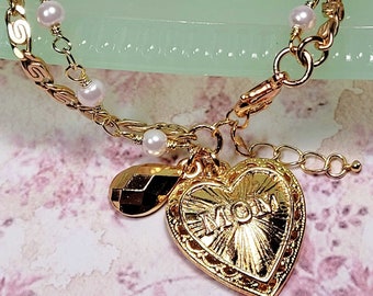 Mom Charm Bracelet, Gift For Mom, Multi Chain Bracelet, Mother's Day Gift, Vintage Style Bracelet, Faux Pearl Bracelet