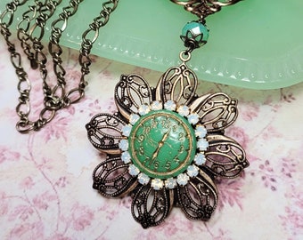 Vintage Style Green Clock Necklace, Brass Filigree Clock Pendant, Unique Statement Necklace, Steampunk Clock Necklace