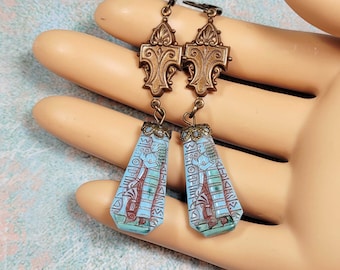 Egyptian Inspired Dangle Earrings, Egyptian Revival Jewelry, Blue Czech Glass Charms, Art Deco Earrings, Gift for Vintage Lover