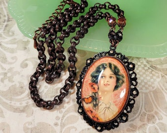 Brunette Girl Cameo Necklace, Country Girl Necklace, Orange Pendant, Vintage Style Necklace, Statement Necklace