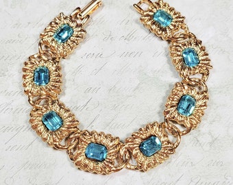 Gold Tone Costume Jewelry Bracelet, Turquoise Blue Rhinestone Bracelet, Upcycled Vintage Costume Jewelry, Bracelet For Mom