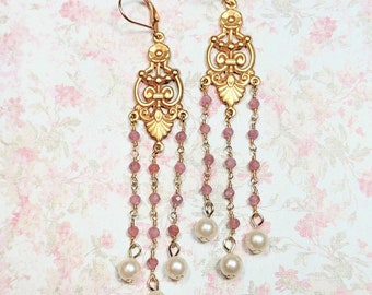 Pink Tourmaline Gemstone Earrings, Vintage Style Chandelier Earrings, Pink Dangle Earrings, Elegant Costume Jewelry Earrings