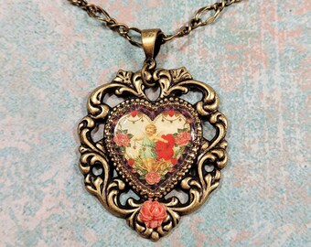 Victorian Heart Necklace, Romantic Style Necklace, Valentine's Day Heart Pendant, Angel Jewelry, Cupid Necklace