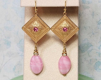 Pink Dangle Earrings, Vintage Glass Bead Earrings, Pink Earrings, Costume Jewelry, Vintage Brass Earrings, Earrings For Women