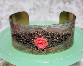 Vintage Style Cuff Bracelet, Floral Cuff, Handmade Cuff, Assemblage Jewelry, Brass Cuff, Bracelets For Women