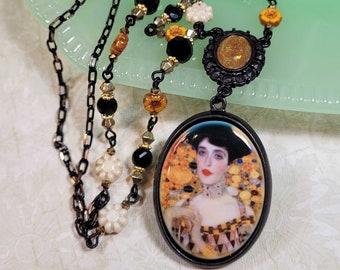 Gustav Klimt The Lady in Gold Necklace, Art Nouveau Necklace, Statement Necklace, Art Jewelry, Art Lover Gift