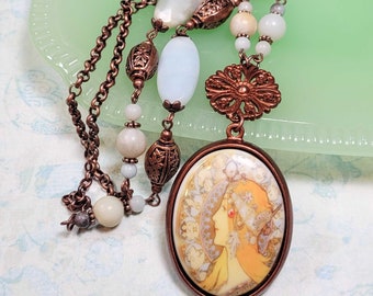 Mucha Zodiac Necklace, Art Nouveau Necklace, Amazonite Gemstone Chain, Statement Necklace, Art Jewelry, Art Lover Gift