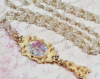 Vintage Style Necklace, Gold Tone Dangle Necklace, Floral Cameo Pendant, Crystal Beaded Chain, Costume Jewelry For Women
