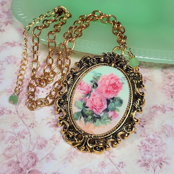 Shabby Chic Necklace, Vintage Style Rose Cameo Necklace, Romantic Style Necklace, Vintage Lover Gift