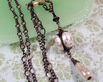 Vintage Style Spinner Necklace, Faux Pearl Pendant, 3-Way Victorian Style Spinner, Vintage Style Necklace, Pearl Layering Necklace