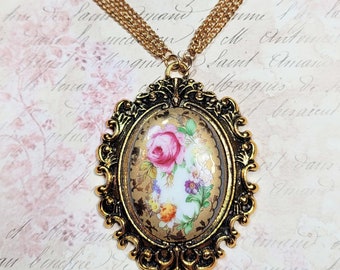 Antique Style Multi-Chain Necklace, Ornate Floral Cameo Pendant, Romantic Style, Layering Necklace, Vintage Style, Statement Necklace